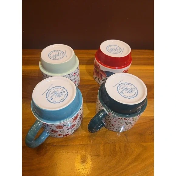 Pioneer Woman Merry Meadow 5-Piece 12.5oz Stoneware Stacking Mugs w/ Gold Rack - Picture 9 of 10